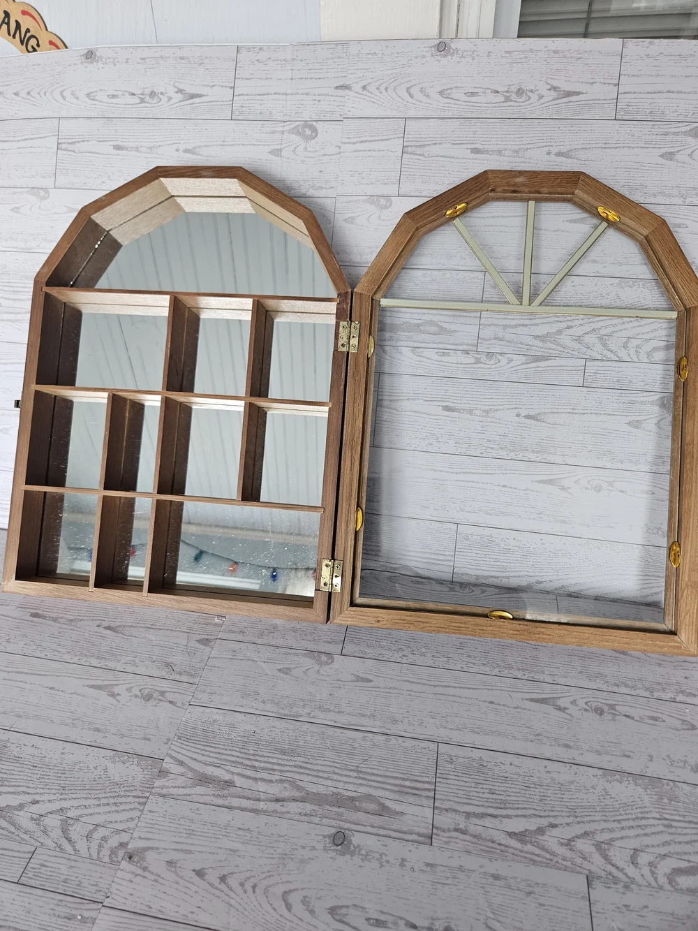 Vintage Oak Wall Curio Cabinet Mirrored Arched Display Case Shadow Box 24